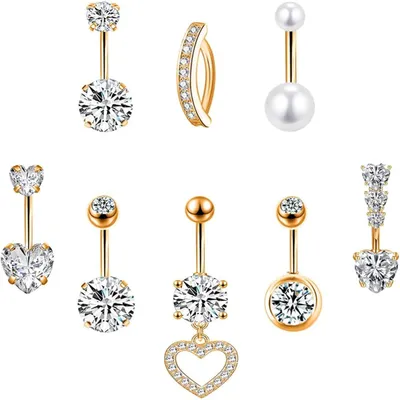 Immagine prodotto di Set di piercing per l'ombelico, 8 pezzi, acciaio chirurgico 14G con ciondoli a forma di cuore e farfalla, disponibili nei colori blu, oro e rosa
