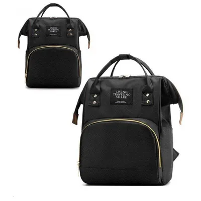 Two black backpacks are shown against a white background. The backpack in the foreground is larger and more detailed, while the one in the background is smaller and slightly out of focus.