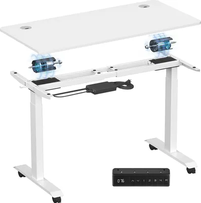 A white adjustable standing desk frame with two motors and a control panel shown separately.
