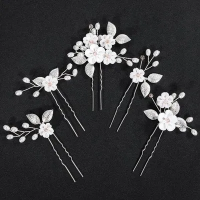 Produktbild von Silberne Haarspangen mit Blumen und Perlen, 5-teilig, U-förmig