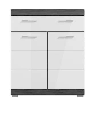 Produktbild von Bad Kommode "Shawn" weiß Hochglanz und Rauchsilber grau Badschrank 74 x 88 cm