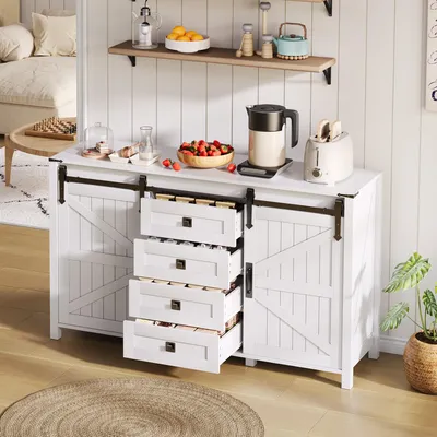 Produktbild von STILVORA Küchenschrank mit Schiebetüren und 3 Schubladen,Breiter Seitenschrank mit Stauraum,Vintage-Buffetschrank für Küche,Esszimmer&Wohnzimmer,MDF,weiß