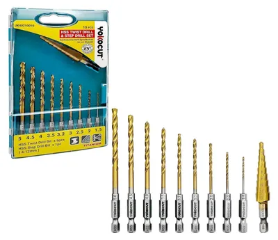 Obrázek produktu pro 10dílná titanová vrtací sada, šestihranná stopka, 1,5–5 mm, rychlořezová ocel (HSS), stupňový vrták 4–12 mm