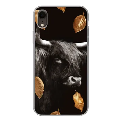 Produktbild von MuchoWow® Handyhülle Schutzhülle Hülle für iPhone XR Schottischer Highlander - Blätter - Gold - Schwarz Silikon Softcase Handy Hülle - Schutzdeckel