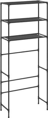 A black metal shelving unit with three shelves and two horizontal bars.