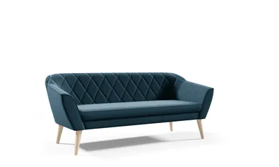 A blue fabric sofa with diamond-shaped stitching and wooden legs, presented in a studio setting against a white background.