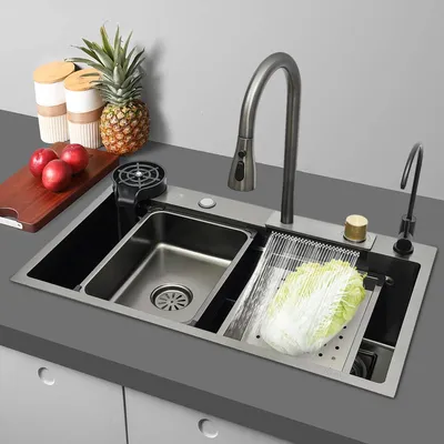 Produktbild von Küchenspüle - Einbeckenspüle 75 cm - Mit Armatur - Ausziehbare Wasserfall-Armatur - Drei Löcher - Edelstahl - Gelb
