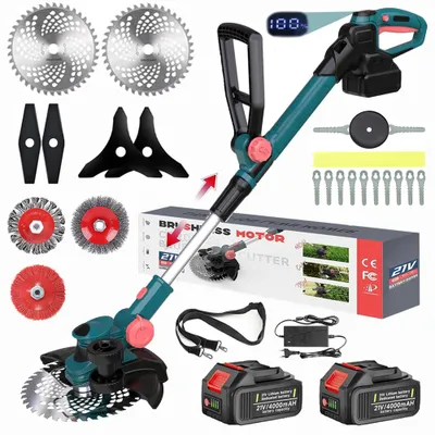 Produktbild von Bürstenloser 750W Akku Rasentrimmer mit 2× 4000mAh Akkus & Ladegerät, 6 Klingentypen Rasentrimmer mit Fugenbürste, Unkrautbürste, Drahtbürste – Blau