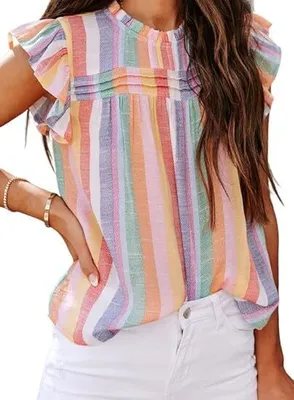 Produktbild von Damen Sommer Tanktop - Modische Rundhals-Top mit Kontrastfarben und Rüschen, Gestreifte ärmellose Bluse, D