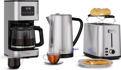 Produktbild von Klarstein Verosteel Vollständiges Frühstücksset – Toaster 2 Scheiben mit 7 Bräunungsstufen & Brötchenaufsatz, Wasserkocher 1.7L Edelstahl, Filterkaffeemaschine 12 Tassen, Warmhaltefunktion