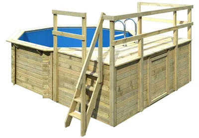 Produktbild von Aufstellpool Holzpool-Set Karibu Classic 1D rund Ø 400x124 cm inkl. Leiter, Bodenschutzvlies, Sonnendeck & 2 Flügel Holz