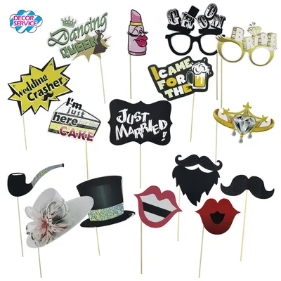 Produktbild von 12x Party Props Fotobox Requisiten Accessoires Set "Hochzeit" 16-teiliges Set