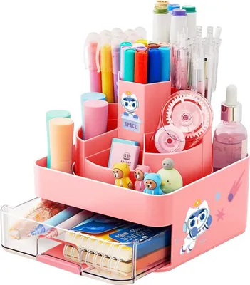 Produktbild von Stiftehalter Schreibtisch Organizer mit Schublade, drehbar rotierend rosa