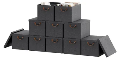 Produktbild von Faltbare Aufbewahrungsboxen, 10 Stück, Stoffboxen mit Deckel, Aufbewahrungskörbe für Kleidung, Bettdecken, Spielzeug, Grau, 48x36x30cm