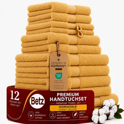Produktbild von Betz Premium Handtuch-Set 12-teilig – 100% Baumwolle – ®  – extra saugfähig & weich – hohe Grammatur –  Farbe honiggelb, KI-generiertes Bild