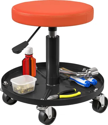 Zdjęcie produktu dla HOMCOM Taboret warsztatowy z kółkami Regulowana wysokość półki 38-50 cm Taboret na kółkach z obciążeniem do 135 kg Obrotowy Taboret roboczy Pomarańczowy
