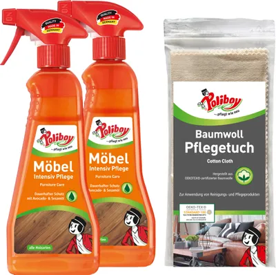 Produktbild von Poliboy 2er Möbel Intensiv Pflege + Baumwolltuch - zur Reinigung, Pflege und zum Schutz von Möbeloberflächen unterschiedlicher Art - 1837501