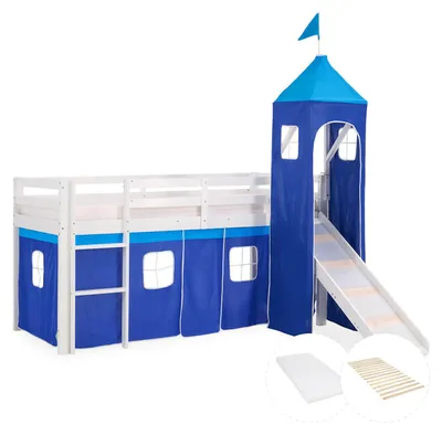 Image de Lits superposé 90x200 cm avec Tour Toboggan Matelas Lit mezzanine en Bois Pin Massif Rideau Bleu Sommier à lattes