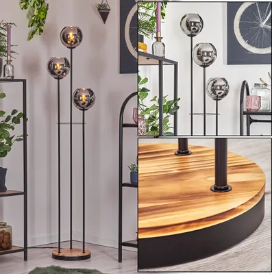 Produktbild von Cesaro Stehlampe aus Metall/Holz/Glas in Schwarz/Hellbraun/Chrom/Bernstein