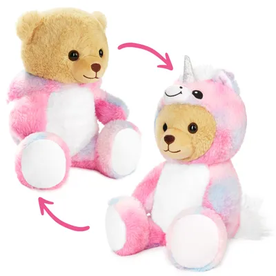 A teddy bear is shown in two states: one without a costume and one wearing a unicorn costume. Arrows indicate the transformation.