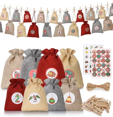 Productafbeelding van DIY adventskalenderset - 24 herbruikbare Hessische geschenkzakjes met trekkoord - Met nummerstickers - Jute touw en clips