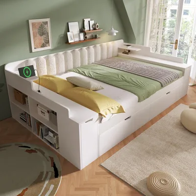 Produktbild von MODFU Tagesbett Jugendbett 140x190 mit Ausziehbett 90x190cm, Doppelbett Schlafsofa mit Ladestation, Stauraumbett mit Rückenlehne, ohne Matratze,Weiß