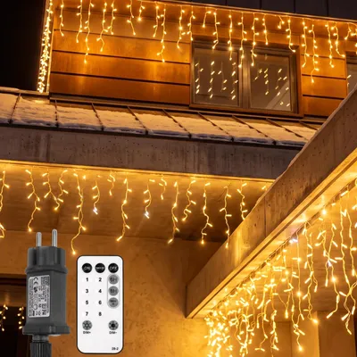 15 m IJsregen-Lichtkette, 300 LEDs, warmweiß, Timer, 8 Modi, IP44/IP65