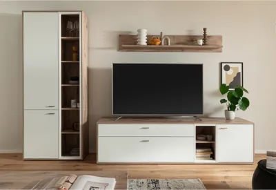 Produktbild von Wohnwand in Eiche und weiß modern mit Vitrine, Wandboard & Lowboard, 3-teilig - SAGUNTO-05