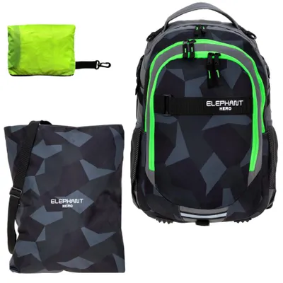 Produktbild von Schulrucksack Jungen Schule Schulmappe Tasche Elephant Hero Signature Rucksack Turnbeutel Regenhülle 3 Teile Set Cyber Camo Schwarz Grün 12770 +rtp