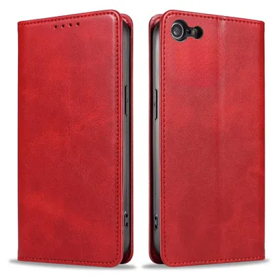 A red flip-style phone case is shown from two angles.