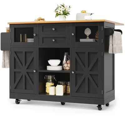 Immagine prodotto di Isola da cucina con piano di lavoro, mobiletto buffet, finitura effetto legno, portasciugamani, colore nero, dimensioni 140x70x93,5 cm