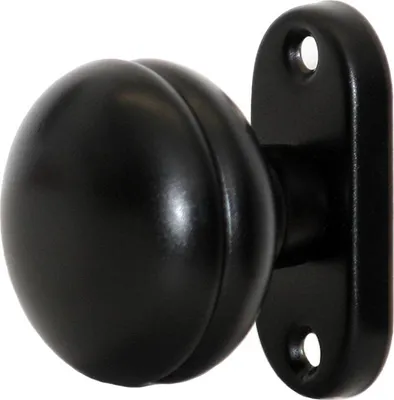 A black doorknob with a rosette is shown against a white background.