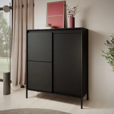 Produktbild von Highboard Kommode FERRATO 104 cm Schwarz Riffelung 3-türig Modern