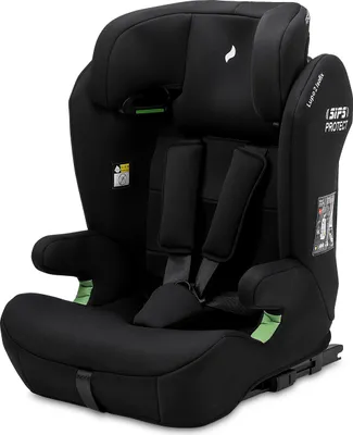 A black child car seat is shown from a diagonal angle against a white background.