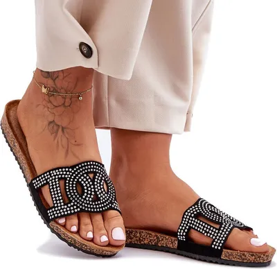 Produktbild von Damen Slipper mit Strasssteinen Kork Schuhsohle Licht Badelatschen Rima Schwarz Gr.40