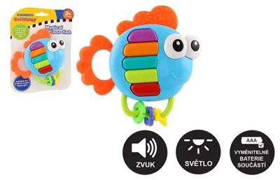 Produktbild von Quietschspielzeug/Beißring Fisch, aus Kunststoff, 14x14 cm, batteriebetrieben, mit Geräuschen und Licht, für Kinder ab 3 Monaten