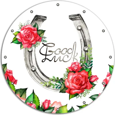 Produktbild von Wallario rundes Outdoor-Poster für Garten oder Balkon, Motiv Viel Glück  Hufeisen mit roten Rosen, 90 cm Durchmesser