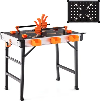 Produktbild von COSTWAY Skladací pracovný stôl, pracovný stôl s 2 rýchloupínačmi, 4 upínacie háky, 3 boxy na náradie, pracovný stôl do 454 kg