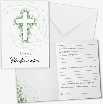 Produktbild von younikat 15 Stück Einladungskarten zur Konfirmation I DIN A6 zum Ausfüllen mit Lückentext I inkl. passenden Umschlägen I Klappkarte Eukalyptus Fische Kreuz I dv1562