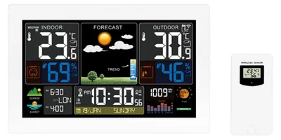 Zdjęcie produktu dla Stacja pogodowa Solight, bardzo duży kolorowy wyświetlacz LCD, temperatura, wilgotność powietrza, ciśnienie atmosferyczne, RCC, złącze USB do ładowania, biała, TE81W-XL