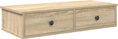 A wooden shelf with two drawers and black knobs, presented against a white background.