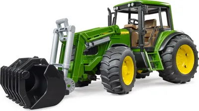 A toy tractor with a front loader.