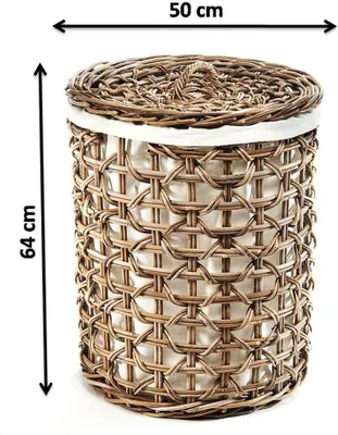 A wicker laundry basket with a lid and white liner, shown against a white background with dimensions indicated.