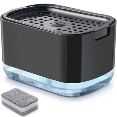 Image de Distributeur de savon et porte-éponge avec éponge, 300 ml, distributeur de liquide vaisselle pour la cuisine, noir