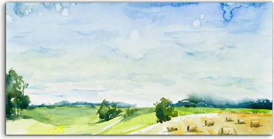 Produktbild von Coloray Canvas 140x70  Wandbild Leinwand Bilder Landschaft Feld Heuschober Aquarell