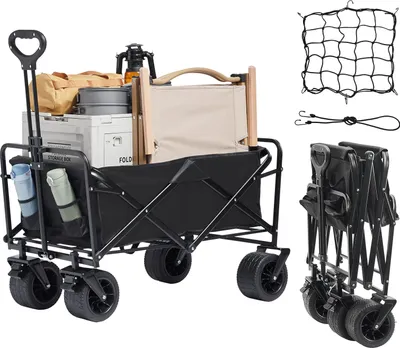 Produktbild von VEVOR Bollerwagen, Strandwagen mit geländegängigen Rädern, robuster zusammenklappbarer Wagen mit einer Tragfähigkeit von 350 Pfund und Getränkehaltern, Sportwagen für Camping, Einkaufen, Garten
