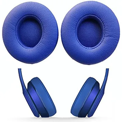 A pair of blue ear pads and a pair of blue headphones are shown against a white background.