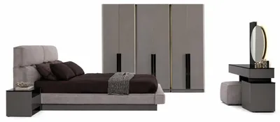 Image de Chambre à coucher design, ensemble complet comprenant un lit, des tables de chevet, une armoire moderne et 7 pièces