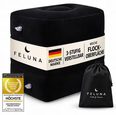 Produktbild von Feluna Aufblasbares Fußstützkissen Schwarz mit 3 Kammern | Reisekissen für Flugzeug Auto & Zug | Kinderbett & Beinhochleger aus Velours