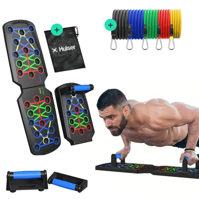 Produktbild von Hulser Liegestütze Brett mit 10 Widerstandsbändern - 14 in 1 - Faltbares Liegestütz-Brett - Push-up board für Krafttraining - Liegestütz-Griffe